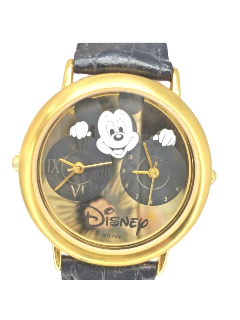 Disney Mickey Mouse Dual Dial Watch Gold Black Band H2F